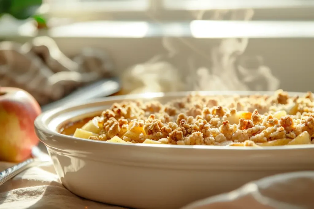 Warm, ultra-close view of a gluten-free air fryer apple crisp in a shallow ceramic baking dish, golden oat-almond crumble over bubbling cinnamon-spiced apples, soft natural window light, gentle autumn hues, pastel blush and sage accents in the background, shallow depth of field, clean modern Texas-inspired kitchen mood.