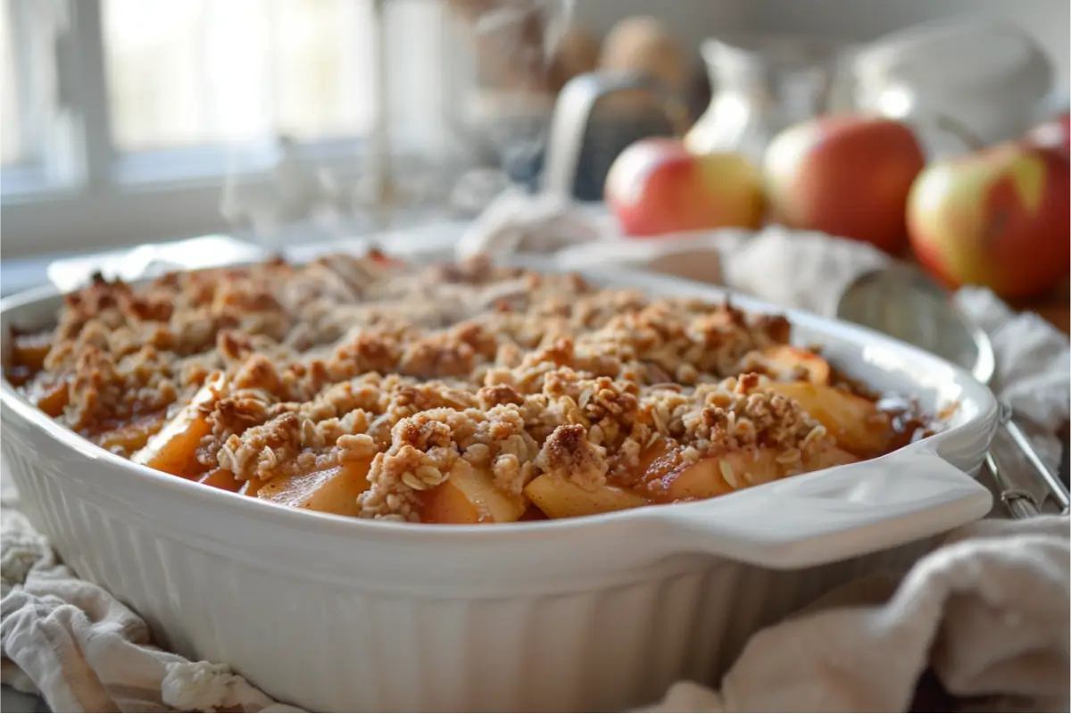 Warm, ultra-close view of a gluten-free air fryer apple crisp in a shallow white ceramic dish, golden chopped apples bubbling beneath a toasted oat-almond crumble, soft natural window light, gentle autumn blush and sage accents in the background, clean modern Texas-inspired kitchen surface, shallow depth of field, realistic gluten-free textures.
