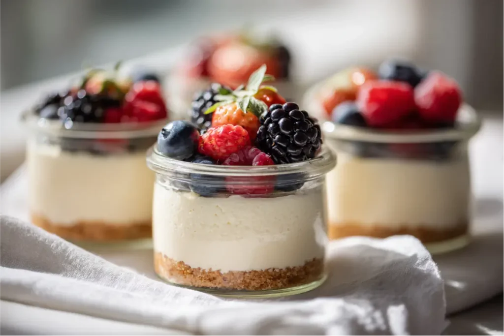 The Ultimate Guide to Easy Gluten-Free Desserts 9 Layered gluten-free cheesecake jars topped with fresh berries in soft natural light.