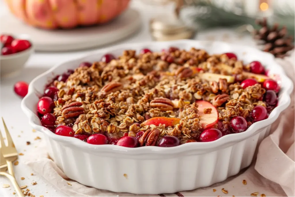 The Best Easy Gluten Free Thanksgiving Desserts for a Crowd 4 Warm close-up of a gluten-free cranberry apple crisp with a golden oat-pecan topping, ruby cranberries and tender apples bubbling at the edges, styled in soft natural window light with pastel linens, brushed-gold utensils, muted fall tones, and a clean modern kitchen backdrop.