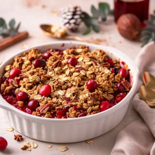 The Best Easy Gluten Free Thanksgiving Desserts for a Crowd 5 Gluten-Free Cranberry Apple Crisp with a golden oat topping in warm natural light.