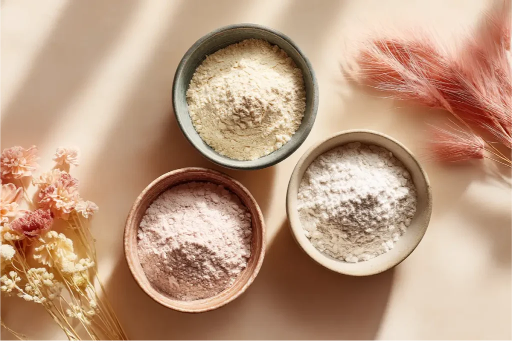 The Ultimate Guide to Easy Gluten-Free Desserts 3 Three gluten-free flour blends displayed in small bowls showing texture differences for easy gluten-free desserts.