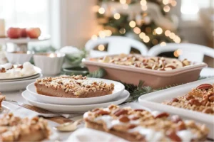Festive gluten-free holiday desserts arranged on a warm Texas-style table with apple crisp, pecan bars, holiday greenery, and soft golden lights in blush and cream tones.