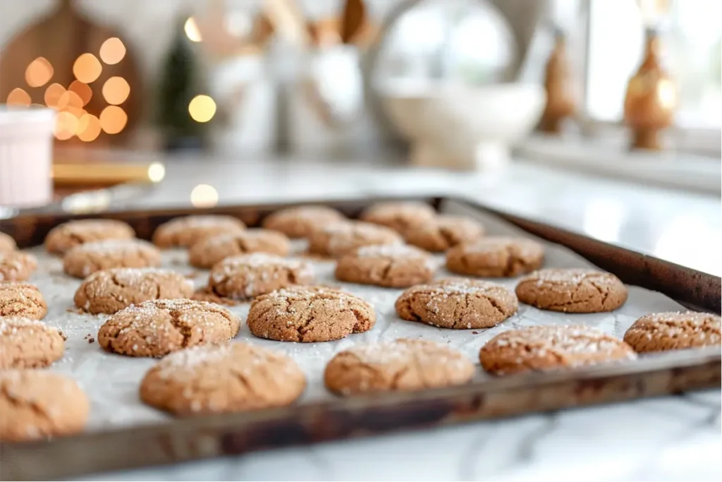 The Best Easy Gluten Free Thanksgiving Desserts for a Crowd 16 Close-up of crackled gluten-free molasses cookies cooling on parchment under warm natural window light, showing sugar-dusted tops, soft brown tones, slightly imperfect crumbs, shallow depth of field, pastel blush ceramics and brushed-gold utensils blurred in the background, warm fall shadows and a cozy modern Texas kitchen mood.