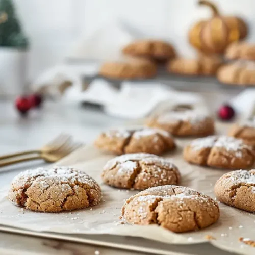 The Best Easy Gluten Free Thanksgiving Desserts for a Crowd 17 Gluten-Free Molasses Cookies arranged closely with crackled tops and warm brown tones under soft natural light.