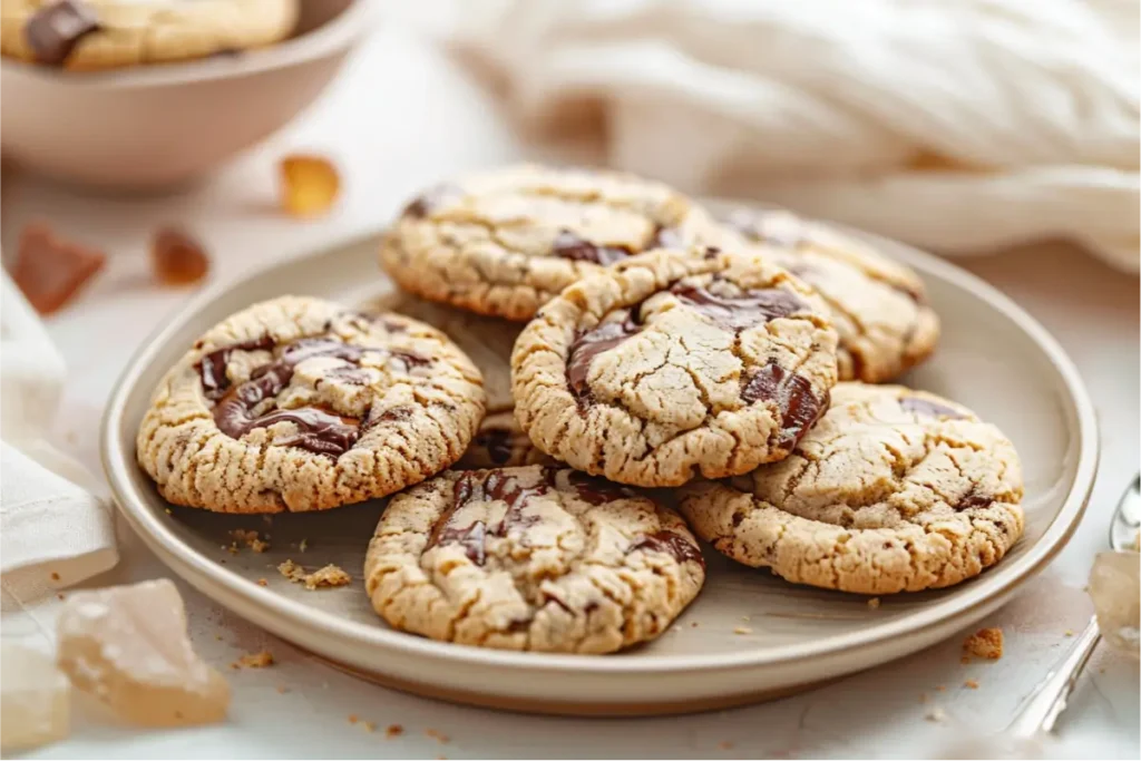 The Best Gluten Free Sugar Free Desserts for a Healthy Sweet Tooth 12 Warm natural-light close-up of gluten-free chocolate chip cookies with melted chocolate, golden-brown edges, soft crumbs, sea salt sparkle, cream linen, and pastel accents on a clean neutral backdrop.