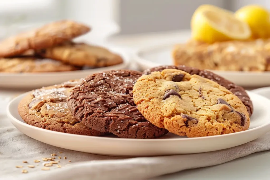 Gluten And Dairy Free Desserts: The Ultimate Recipe Collection 4 gluten-free nut-free cookies assorted on a cream plate with soft crumbs, natural light, cozy Texas kitchen styling