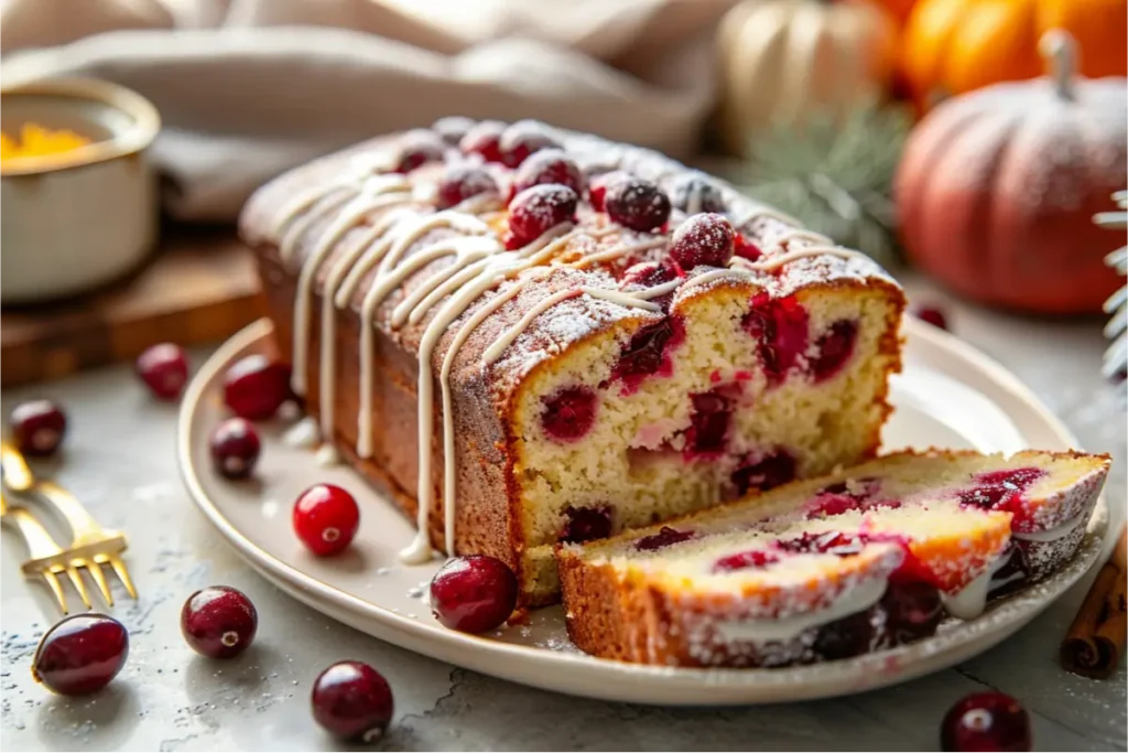 The Best Easy Gluten Free Thanksgiving Desserts for a Crowd 18 Warm natural window light highlighting a close-up slice of gluten-free orange cranberry cake with golden crumb, bright cranberry pieces, and a soft citrus glaze, styled on a cream ceramic plate with pastel blush props, brushed-gold utensils, and muted fall accents in a clean modern kitchen backdrop.