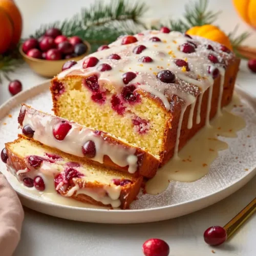 The Best Easy Gluten Free Thanksgiving Desserts for a Crowd 19 Close-up slice of Gluten-Free Orange Cranberry Cake with cranberries and citrus glaze.