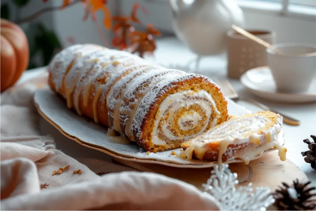 The Best Easy Gluten Free Thanksgiving Desserts for a Crowd 8 Golden-orange gluten-free pumpkin roll sliced to show a tight spiral and creamy filling, dusted with powdered sugar under warm natural window light, with pastel blush linens, brushed-gold utensils, and a clean neutral kitchen backdrop accented with soft fall tones.