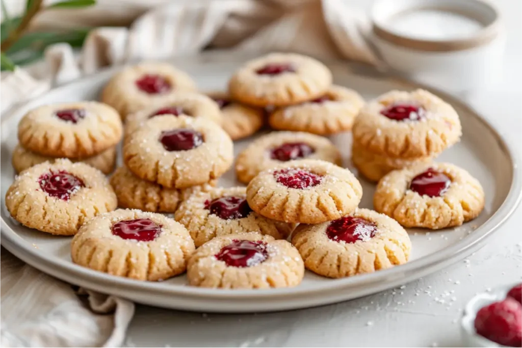 The Best Gluten Free Sugar Free Desserts for a Healthy Sweet Tooth 24 Warm natural window light over golden-edged gluten-free thumbprint cookies with glossy raspberry centers, soft crumbs on a neutral surface, pastel blush and muted sage accents, shallow depth of field, bright wholesome tones, clean modern backdrop.