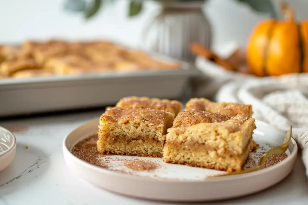 The Best Easy Gluten Free Thanksgiving Desserts for a Crowd 12 Warm natural window light over golden gluten-free snickerdoodle bars sliced on a pastel blush plate, showing a cinnamon-sugar crackled top, soft tender interior, realistic crumb texture, brushed-gold utensil nearby, clean cream background, minimal fall greenery, cozy modern Texas kitchen mood.