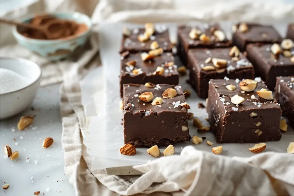 The Best Gluten Free Sugar Free Desserts for a Healthy Sweet Tooth 16 Close-up of glossy chocolate hazelnut fudge squares on parchment under warm natural window light, topped with toasted hazelnuts, honey-gold highlights, soft cream linen, pastel blush and muted sage accents, and realistic gluten-free texture.