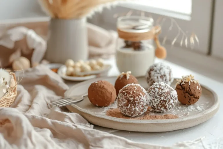 The Best Gluten Free Sugar Free Desserts for a Healthy Sweet Tooth 8 Gluten free sugar free desserts with smooth truffles and coconut-coated bliss balls beside a jar of chocolate pudding in soft window light.