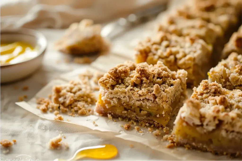 The Best Gluten Free Sugar Free Desserts for a Healthy Sweet Tooth 10 Warm natural window light over golden gluten-free zucchini “apple” crumble bars sliced into squares, showing almond-flour crumbs, soft honey-gold filling, pastel blush and sage accents, cream linen, and a cozy modern Texas kitchen backdrop.