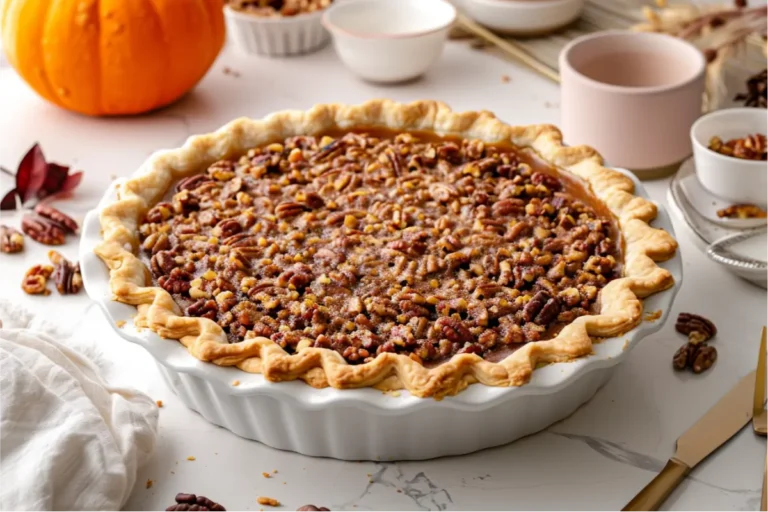 Golden pumpkin streusel pie with a crisp nut topping on a fall dessert table, styled in warm natural light with soft holiday accents, highlighting Gluten Free Thanksgiving Desserts.