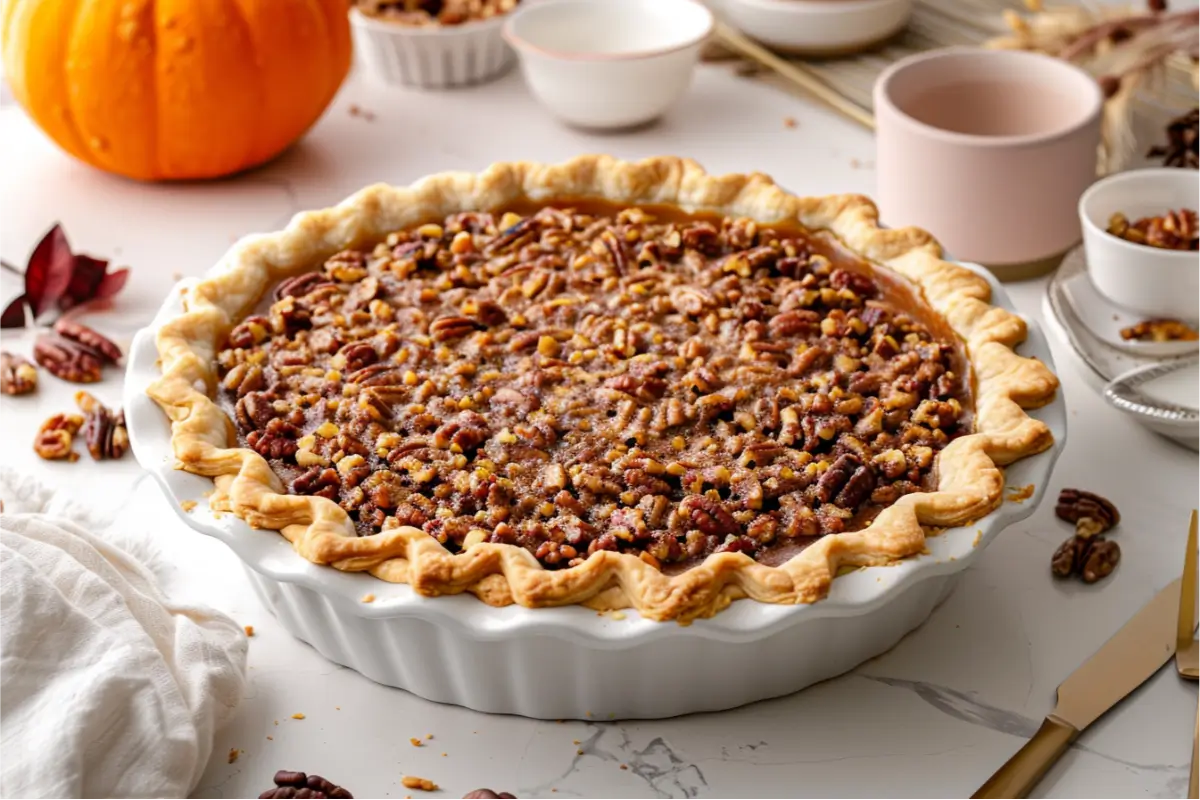 Golden pumpkin streusel pie with a crisp nut topping on a fall dessert table, styled in warm natural light with soft holiday accents, highlighting Gluten Free Thanksgiving Desserts.