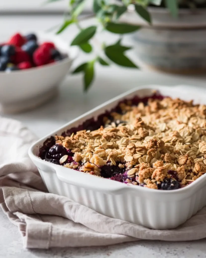 healthy gluten free berry crumble with oat topping