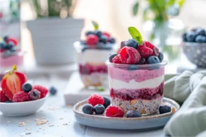 Bright clean scene with healthy gluten-free desserts like chia pudding jars, berry parfaits, and date bites styled with pastel sage and cream linens in soft natural window light.