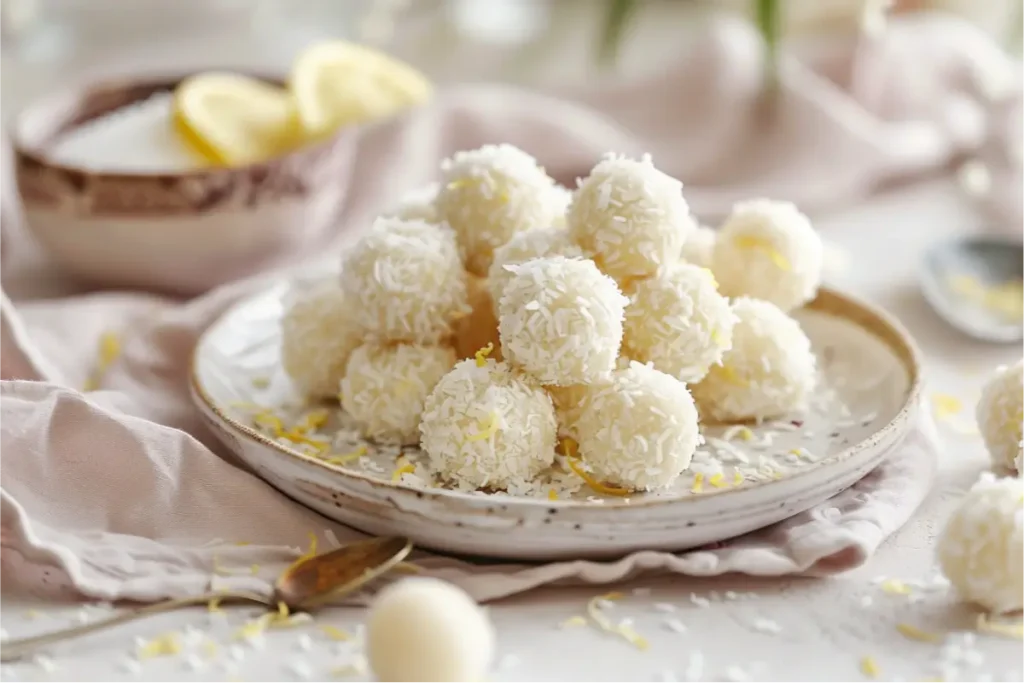 The Best Gluten Free Sugar Free Desserts for a Healthy Sweet Tooth 32 Lemon coconut bliss balls rolled in fine white shredded coconut, soft honey-gold crumbs peeking through, arranged on a clean neutral surface with warm window light, pastel blush and muted sage accents, a soft cream linen, and subtle gluten-free textures in a cozy modern Texas-inspired kitchen.