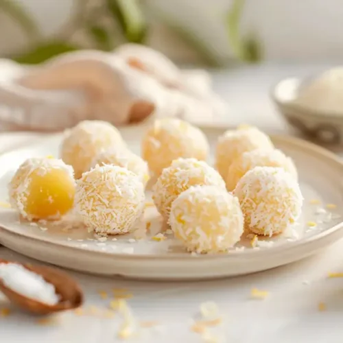 The Best Gluten Free Sugar Free Desserts for a Healthy Sweet Tooth 33 Lemon Coconut Bliss Balls arranged close-up with a soft coconut coating under warm natural light.