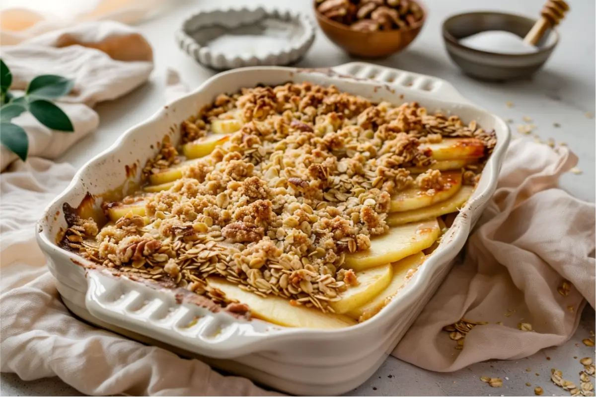 The Best Gluten Free Sugar Free Desserts for a Healthy Sweet Tooth 36 Warm natural light highlighting a golden gluten-free apple crisp with bubbling maple-sweetened apples, crisp oat-almond topping, soft cream linen, pastel blush and muted sage accents, small coconut sugar bowl and drizzle spoon on a clean neutral surface, shallow depth of field and cozy modern Texas-style atmosphere.