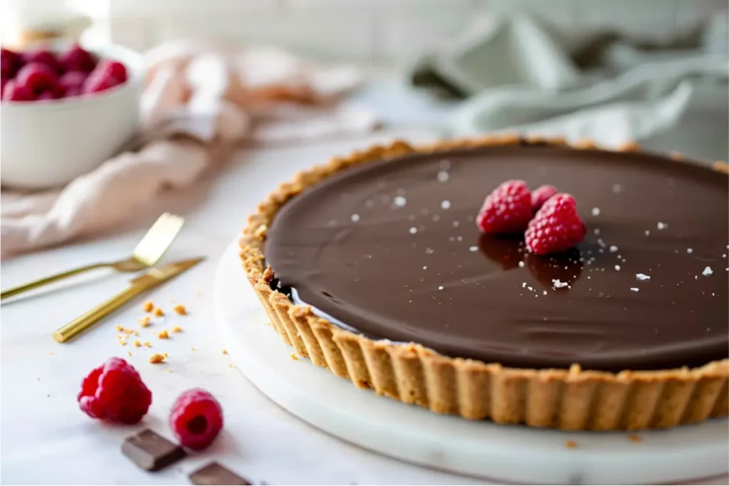 The Best Almond Flour Gluten Free Desserts (Easy & Nutritious) 20 Glossy chocolate ganache tart set in a crumbly almond-flour crust, styled in warm natural window light with soft cream and blush tones, pastel sage linen, brushed-gold accents, and airy depth of field showcasing rich textures in a cozy gluten-free kitchen scene.