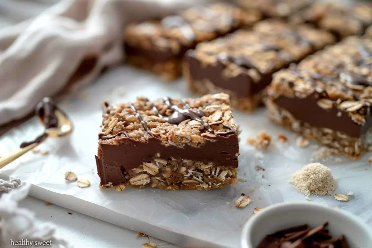 The Best Gluten Free Sugar Free Desserts for a Healthy Sweet Tooth 34 Ultra-close sliced gluten-free chocolate oat bars with a glossy chocolate topping, soft honey-gold oat base, tiny scattered crumbs, natural window light from the left, pastel blush and muted sage accents, cream linen, and clean neutral background creating a warm, wholesome mood.