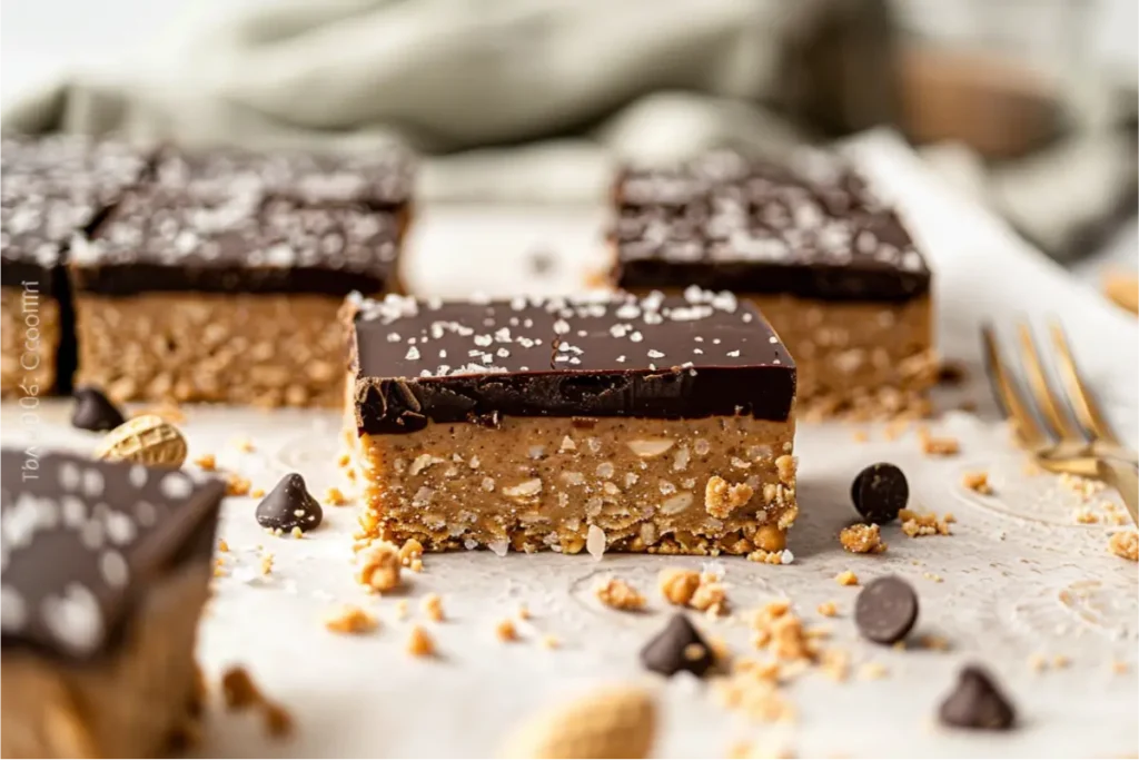 The Best Almond Flour Gluten Free Desserts (Easy & Nutritious) 8 Ultra-close slices of no-bake peanut butter bars with an almond-flour base and glossy dark chocolate topping, warm natural window light highlighting golden-beige tones, soft blush and sage accents, brushed-gold utensils, and a clean cream backdrop with cozy editorial Texas-inspired styling.