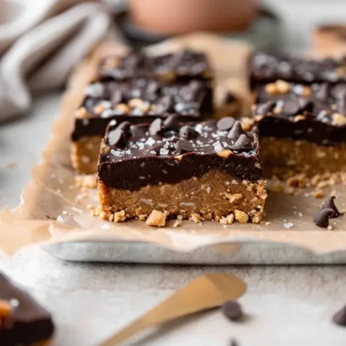 The Best Almond Flour Gluten Free Desserts (Easy & Nutritious) 9 Close-up square of No-Bake Peanut Butter Bars with Almond Flour showing golden base and glossy chocolate top.