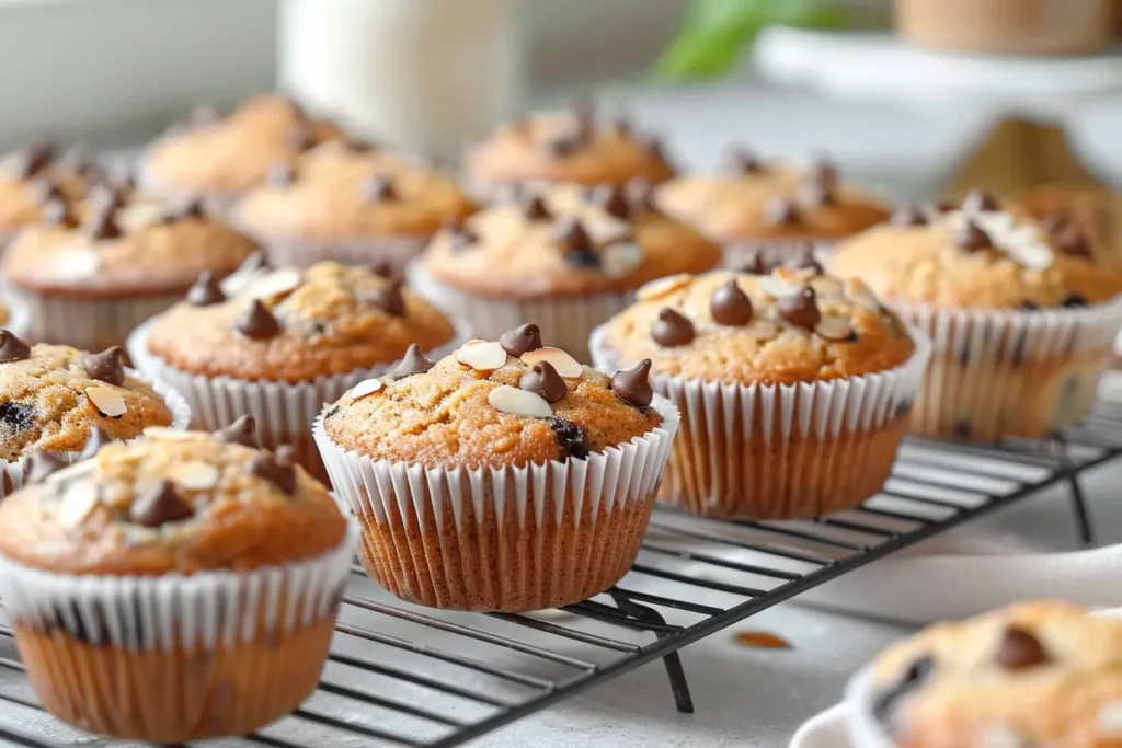 The Best Almond Flour Gluten Free Desserts (Easy & Nutritious) 4 Warm natural window light highlighting ultra-close almond flour banana muffins with golden domed tops, soft nubby gluten-free crumb, a few melted chocolate chips, pastel blush and sage accents, brushed-gold props in gentle blur, and a clean cream background creating a bright, cozy Texas-style atmosphere.