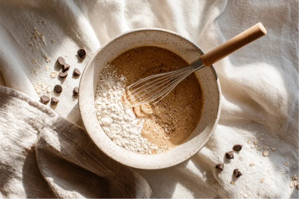 The Ultimate Guide to Easy Gluten-Free Desserts 4 One-bowl gluten-free batter being whisked with soft light and pastel accents for easy gluten-free desserts.