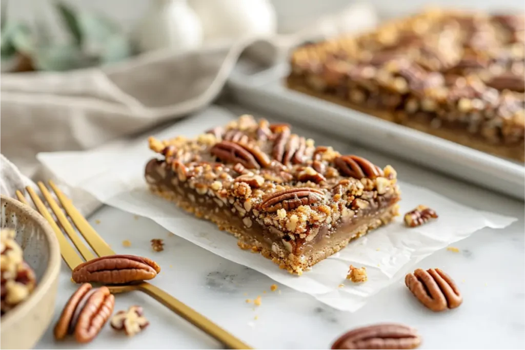 The Best Easy Gluten Free Thanksgiving Desserts for a Crowd 6 Warm natural window light highlighting glossy maple-coated pecan pie bars on parchment, golden crust with gluten-free texture, rough-chopped pecans, pastel blush ceramic plate, brushed-gold fork, soft fall shadows, neutral kitchen backdrop with muted pumpkin and cranberry tones, cozy modern Thanksgiving mood.