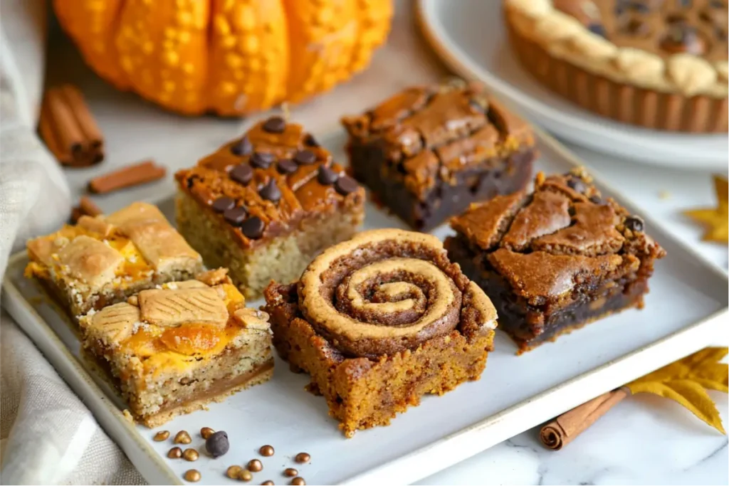 Gluten And Dairy Free Desserts: The Ultimate Recipe Collection 7 assortment of gluten and dairy free pumpkin desserts including blondies, chocolate chip bars, swirl slice, and mini pie on a fall-themed tray