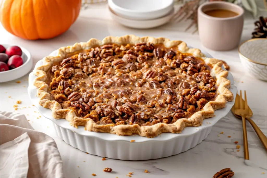The Best Easy Gluten Free Thanksgiving Desserts for a Crowd 2 Warm pumpkin streusel pie on a neutral fall table with golden crumb topping, cozy natural light, and soft holiday accents, representing Gluten Free Thanksgiving Desserts in a festive, inviting style.