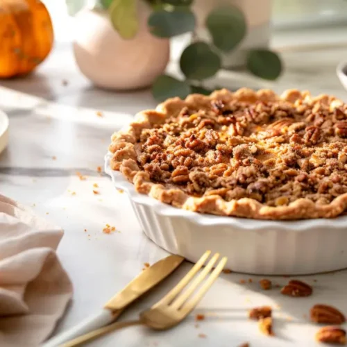 The Best Easy Gluten Free Thanksgiving Desserts for a Crowd 3 Pumpkin Streusel Pie with grain-free nut crust and golden crumb topping on a clean, softly lit surface.