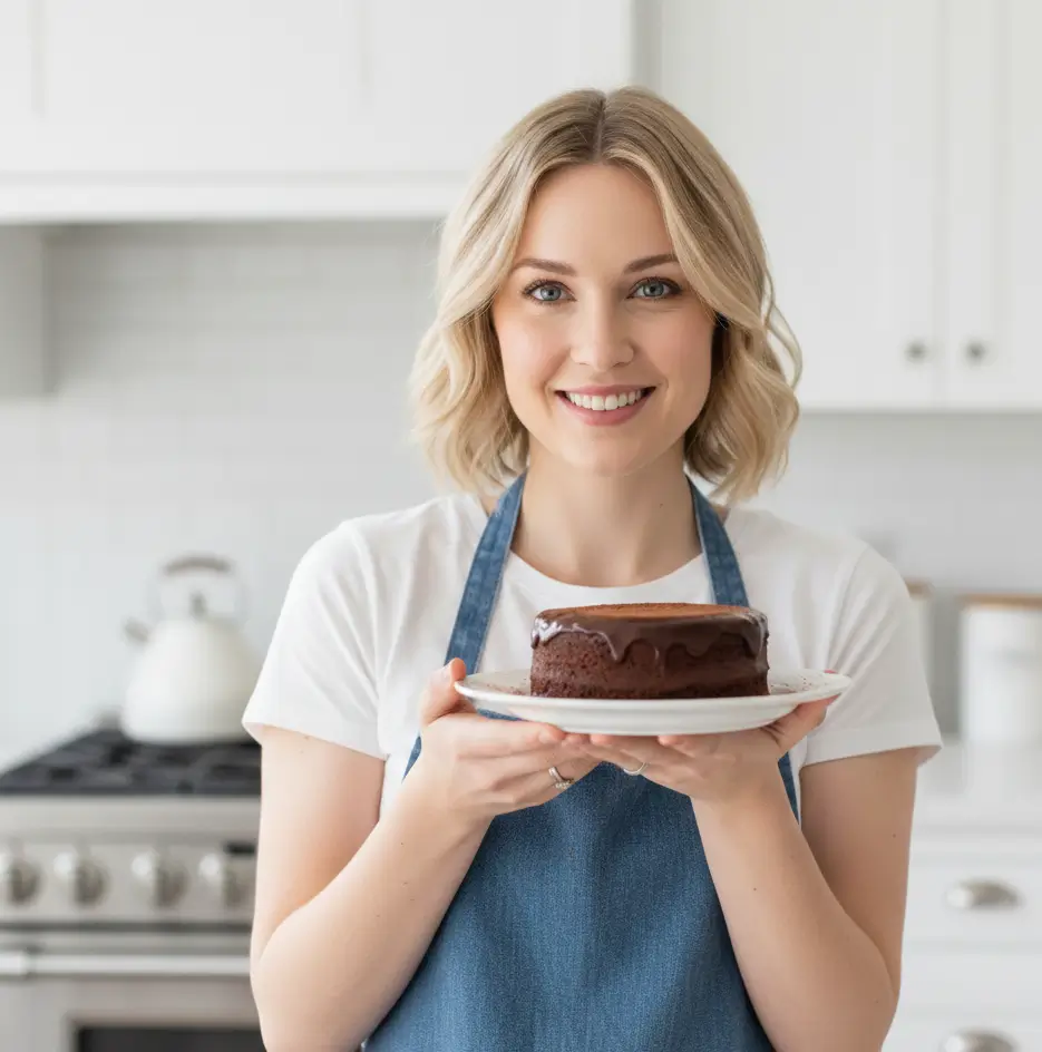 Rachel Monroe standing in her bright kitchen and presenting a homemade gluten-free chocolate dessert.
