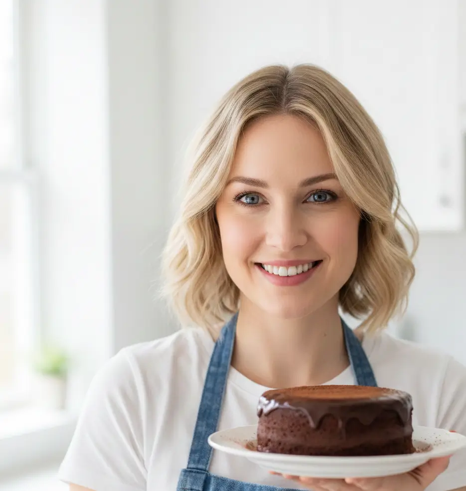 Close-up of Rachel Monroe smiling warmly while holding a gluten-free dessert.