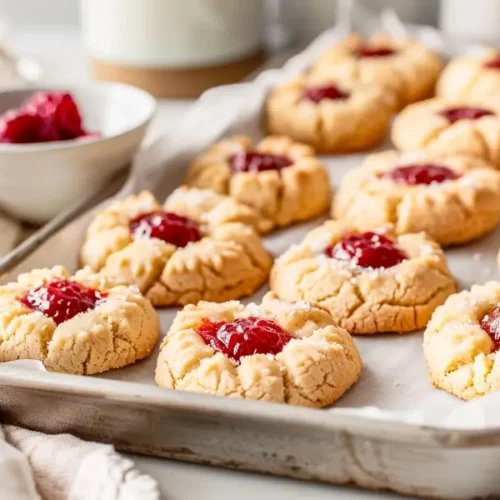 Raspberry Thumbprint Cookies (Sugar-Free, Gluten-Free) stacked closely on a clean surface with warm light.