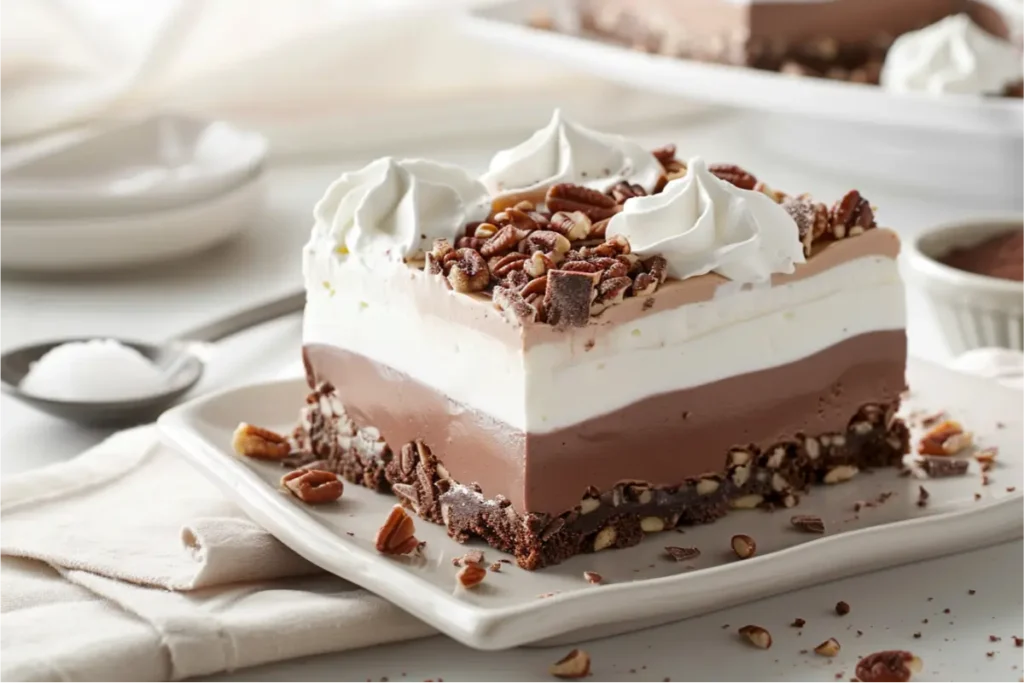 The Best Gluten Free Sugar Free Desserts for a Healthy Sweet Tooth 26 Chilled layered chocolate dessert slice with nutty almond-pecan crust, white cream-cheese layer, soft chocolate mousse, and fluffy whipped topping with chocolate shavings, styled with pastel blush and sage accents under warm natural window light on a clean neutral surface.