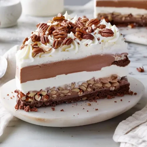 The Best Gluten Free Sugar Free Desserts for a Healthy Sweet Tooth 27 Four-layer chocolate dessert slice with whipped topping and nut crust.