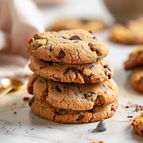 The Best Almond Flour Gluten Free Desserts (Easy & Nutritious) 3 Soft-baked almond flour chocolate chip cookies stacked on a warm cream surface with visible chips and golden edges.