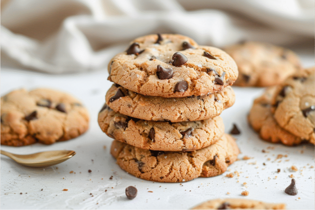 The Best Almond Flour Gluten Free Desserts (Easy & Nutritious) 2 Warm natural window light highlighting a small stack of golden soft-baked almond flour chocolate chip cookies on a cream surface with blush undertones, visible mini chocolate chips, slightly craggy gluten-free texture, scattered crumbs, pastel sage cloth, and brushed-gold accents against a softly blurred cream-and-blush kitchen backdrop.