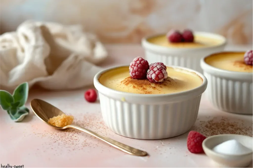 The Best Gluten Free Sugar Free Desserts for a Healthy Sweet Tooth 4 Warm pale-gold custard with a silky swirl topped with nutmeg, glowing under soft natural window light on a clean neutral backdrop with pastel blush and muted sage accents, styled with subtle healthy-sweet tones and modern Texas-mom props for a cozy gluten-free feel.