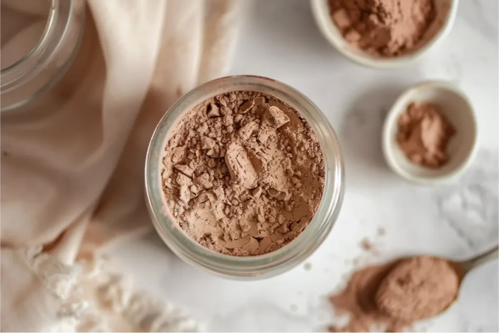 The Best Gluten Free Sugar Free Desserts for a Healthy Sweet Tooth 18 Fine cocoa-colored gluten-free hot cocoa mix in a glass jar under warm natural window light, soft honey-gold highlights, pastel blush and muted sage accents, cocoa dust on a clean neutral surface, shallow depth of field with cozy modern Texas kitchen mood.