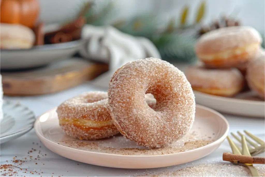 The Best Easy Gluten Free Thanksgiving Desserts for a Crowd 20 Warm natural window light highlighting a small cluster of golden vegan gluten-free apple cider donuts dusted with cinnamon sugar, shown in an ultra-close composition with soft fall shadows, pastel blush and cream ceramics, brushed-gold utensils, and minimal holiday greenery on a clean neutral kitchen surface.