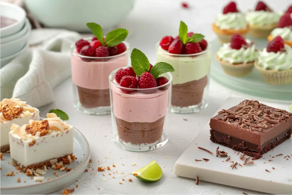 Gluten And Dairy Free Desserts: The Ultimate Recipe Collection 5 vegan gluten free desserts assortment with layered mousse cups, coconut lime bars, brownie square, and mini tarts on a light countertop