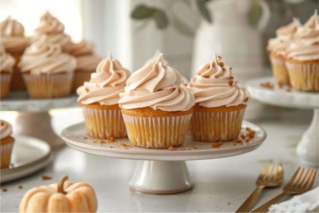The Best Easy Gluten Free Thanksgiving Desserts for a Crowd 14 Warm natural window light highlighting ultra-close pumpkin cupcakes with creamy pumpkin-spice vegan buttercream swirls, soft orange-gold tones, tender gluten-free crumb texture, pastel blush plates, brushed-gold utensils, and muted fall accents against a clean neutral kitchen backdrop with cozy Thanksgiving mood.