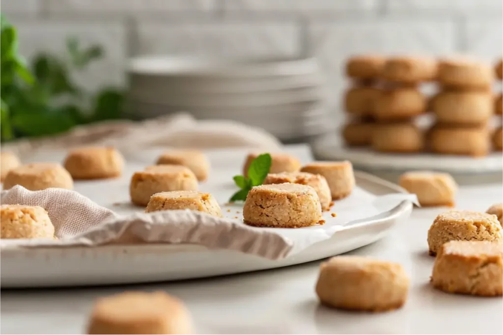 The Best Sugar-Free Gluten-Free Holiday Desserts Everyone Will Love 12 Close-up of small almond flour shortbread cookie bites with pale centers and lightly golden edges, fork-marked tops, and crumbly gluten-free texture, resting on baking parchment over a light marble surface with soft cream and blush tones, warm natural window light, scattered crumbs, a ceramic plate, and subtle mint-green holiday accents in a cozy modern kitchen.