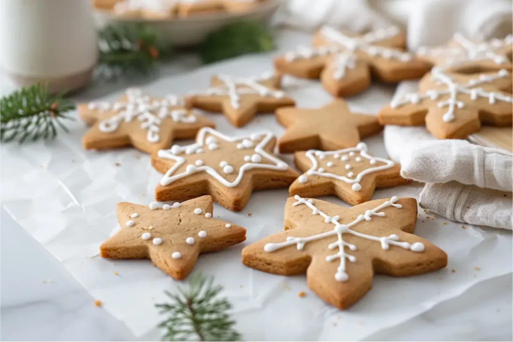 The Best Sugar-Free Gluten-Free Holiday Desserts Everyone Will Love 4 Coconut sugar gingerbread men cookies with creamy white icing details resting on parchment paper, warm golden-brown gluten-free texture with soft cracks and crumbs, styled on a light marble surface with blush linen, ceramic plate, mint sprigs, and subtle evergreen accents under soft natural window light in a cozy modern kitchen.